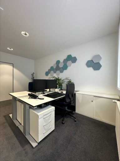Moderne Büroumgebung mit Schreibtisch, Stuhl und dekorativen Wandpaneelen.